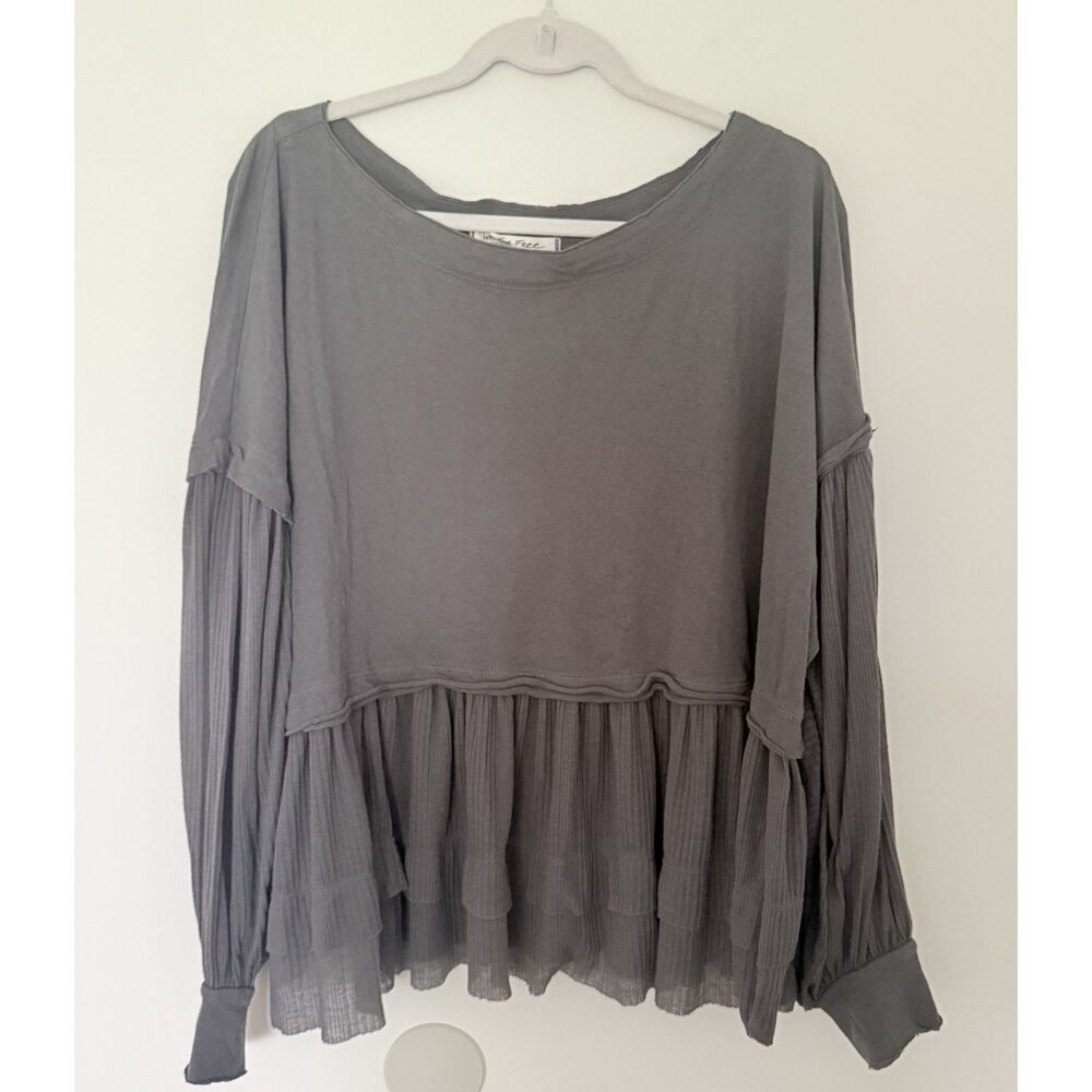 We The Free Sierra Gray Tee Cotton Slouchy Long Sleeve Raw Hem Boho Top Sz S
